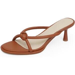 Easyfox Womens 8 Brown Mules Slide On Open Toe Kitten Heel Faux Leather Sandals